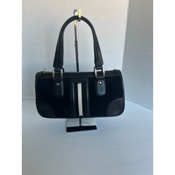 BALLY Black with White Middle Stripe Suede Leather Double Handle Handbag - Picture 1 of 9